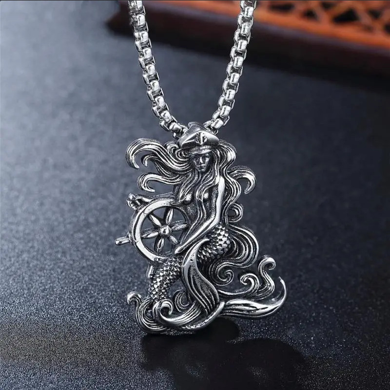 Pirate Mermaid Jewelry Vintage Silver Sexy Goddess Standing Pendant Necklace