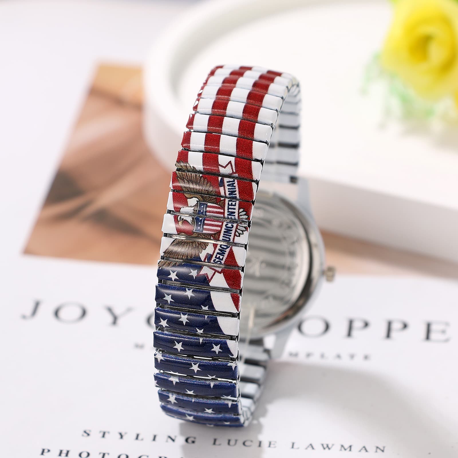 Men Women USA 250th Anniversary Stainless Steel Printed Elastic Band Wrist Watch