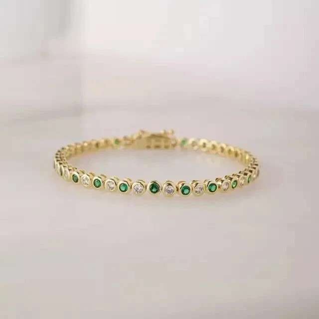 14K Yellow Gold Plated 4.00CT Round Cut Natural Green Emerald Tennis Bracelet
