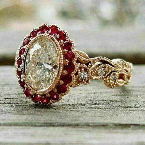 3Ct Oval Cut Lab Created Diamond & Red Ruby Engagement Ring 14K Rose Gold Plated