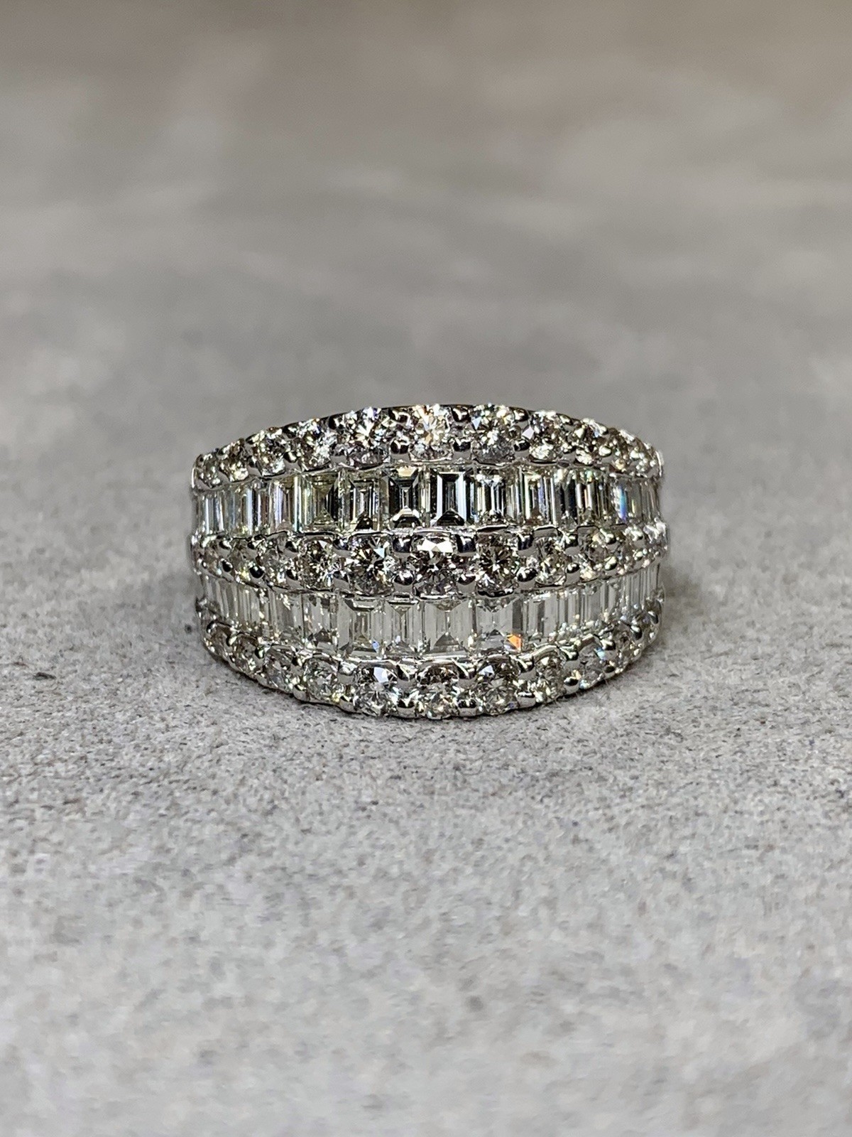 Estate 18K White Gold Baguette & Round Diamond Multi Row Wide Band Cocktail Ring