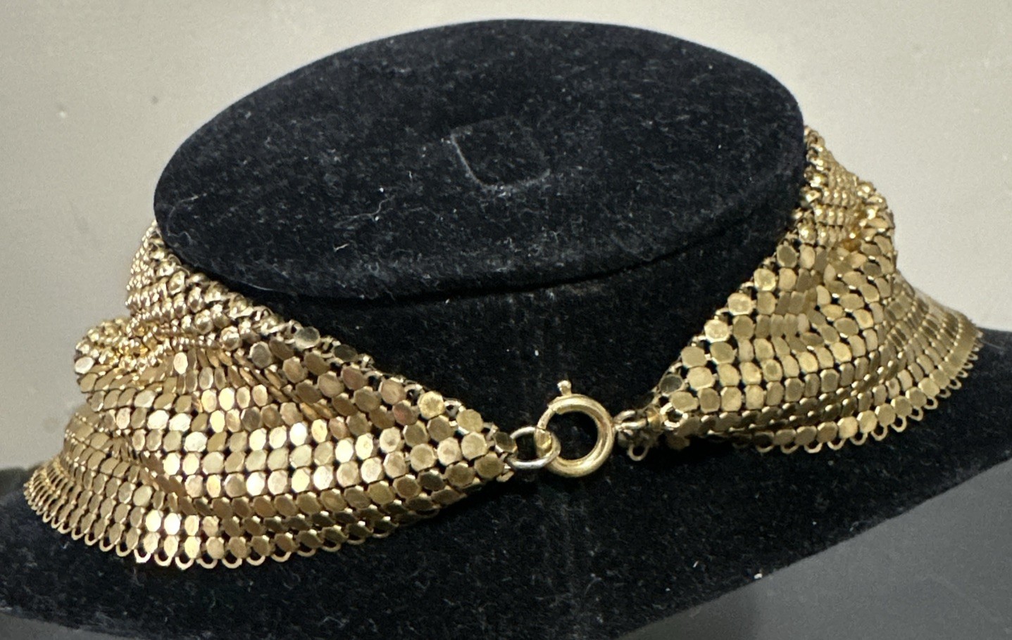 Vintage Unsigned WHITING & DAVIS Gold Tone Mesh Bib Necklace 12k Clasp