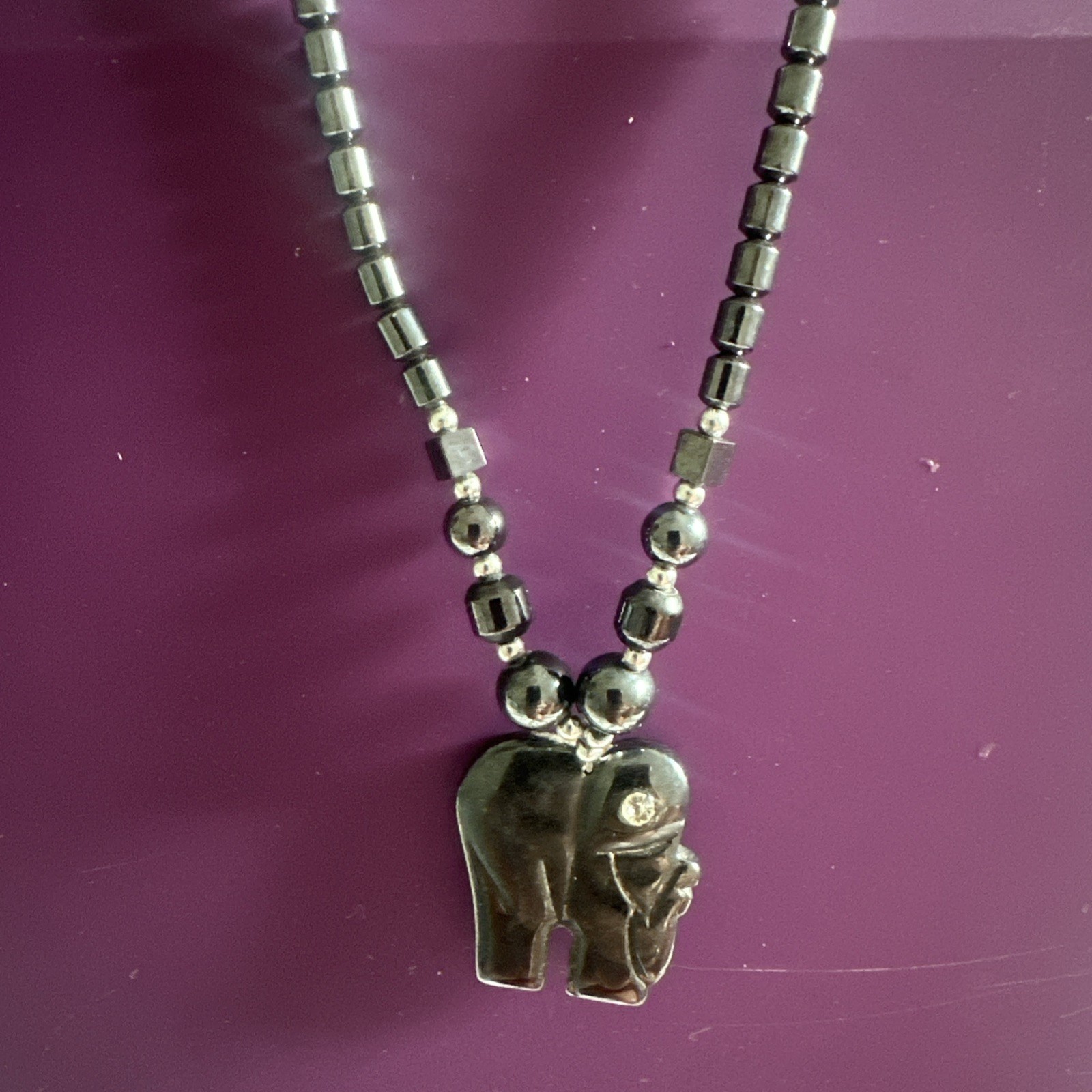Vintage Hematite Elephant Pendant Necklace Beaded Carved Stone Rhinestone Eye