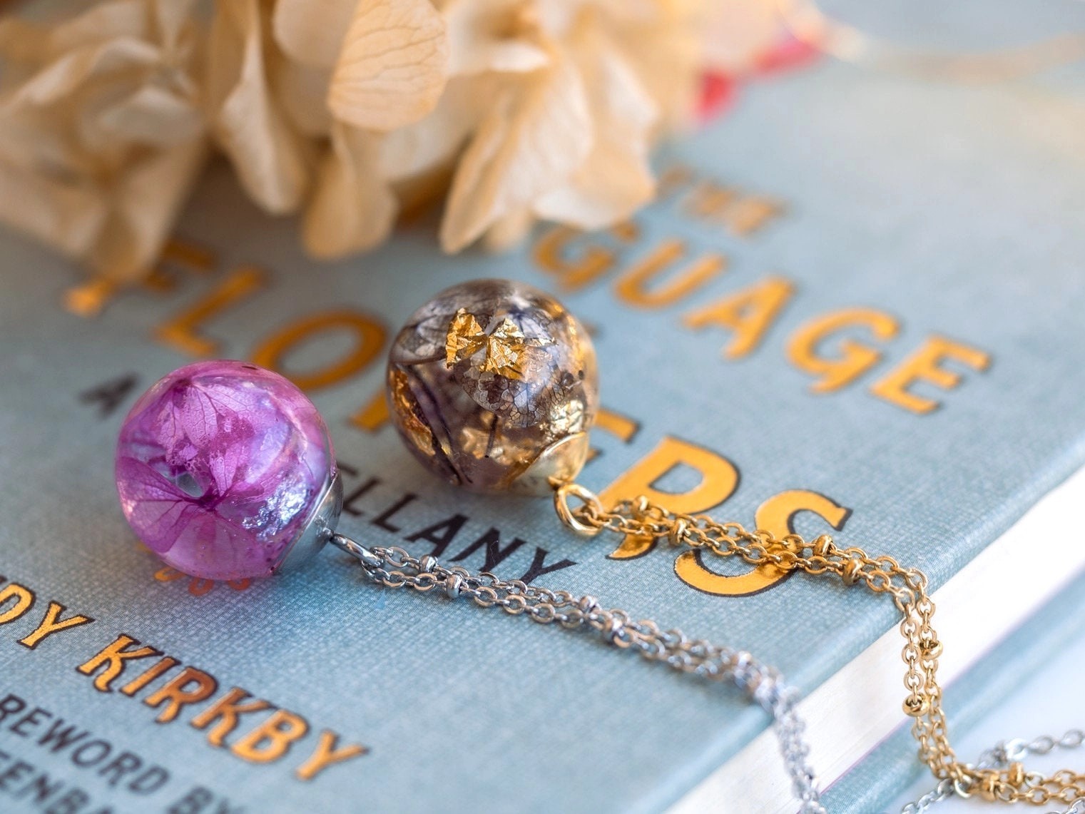 **Dried Hydrangea Resin Orb Necklace Whimsical Fairy Pressed Flower Pendant**