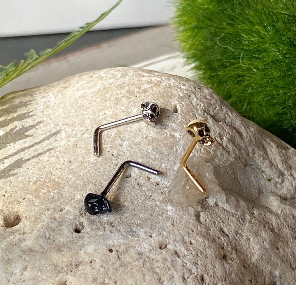1pc Skull L-Bend Nose Ring 20g Steel L-Shape Nostril Screw Stud Body Jewelry