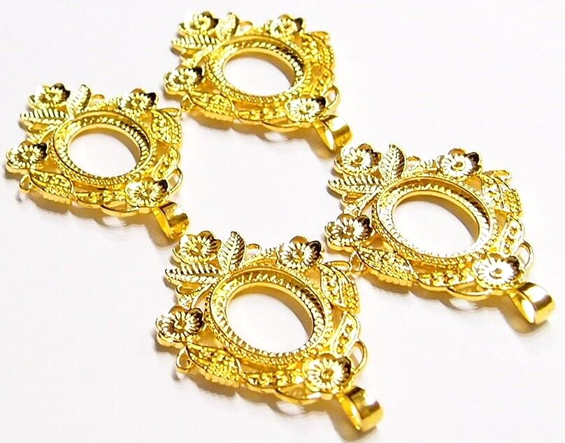4 of 30x22mm Shiny Gold Flower and Leaf Pendant Settings, For Cameos, Cabs Glass