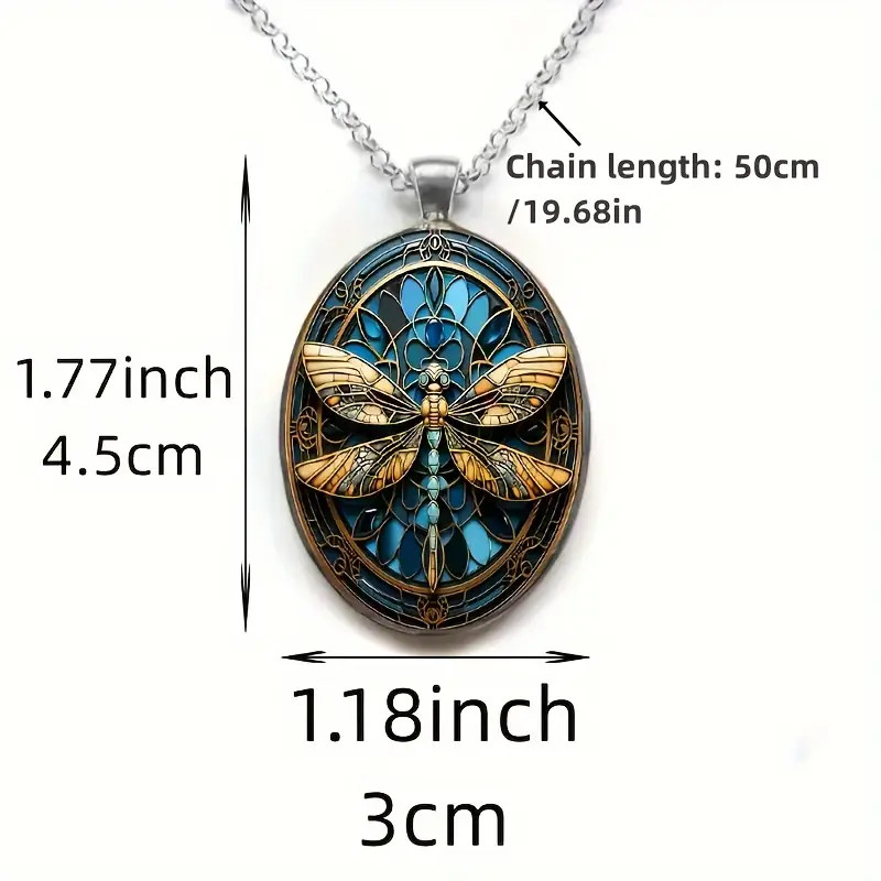 Dragonfly Necklace Oval Jewelry Vintage Silvery Magical Gothic Pendant A