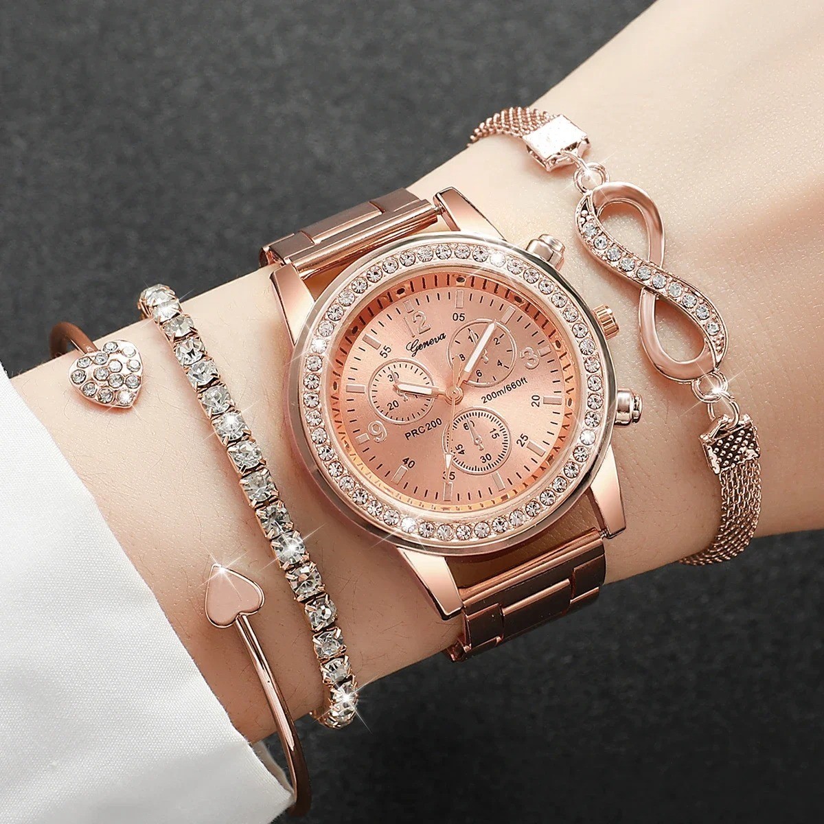 4PCS/Set Fashion Rhinestone Women Watches Luxury Steel Band Ladies Quartz Watch