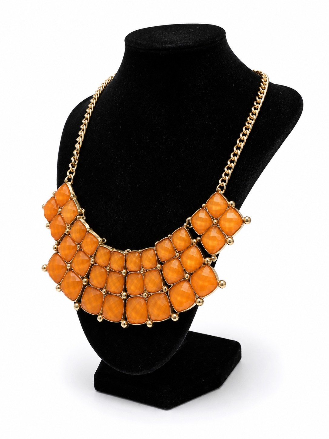 Vintage Gold Tone Orange Lucite Statement Bib Necklace Faceted Chunky Adjustable