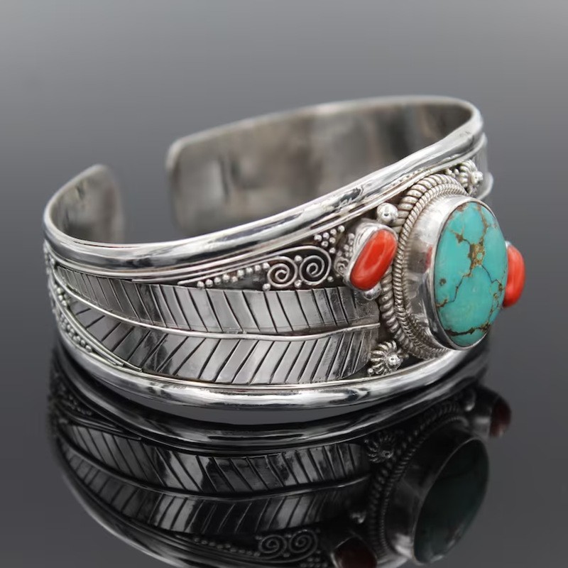 Vintage Silver Turquoise Bracelet Antique Silver Boho Bangle Protection Guardian