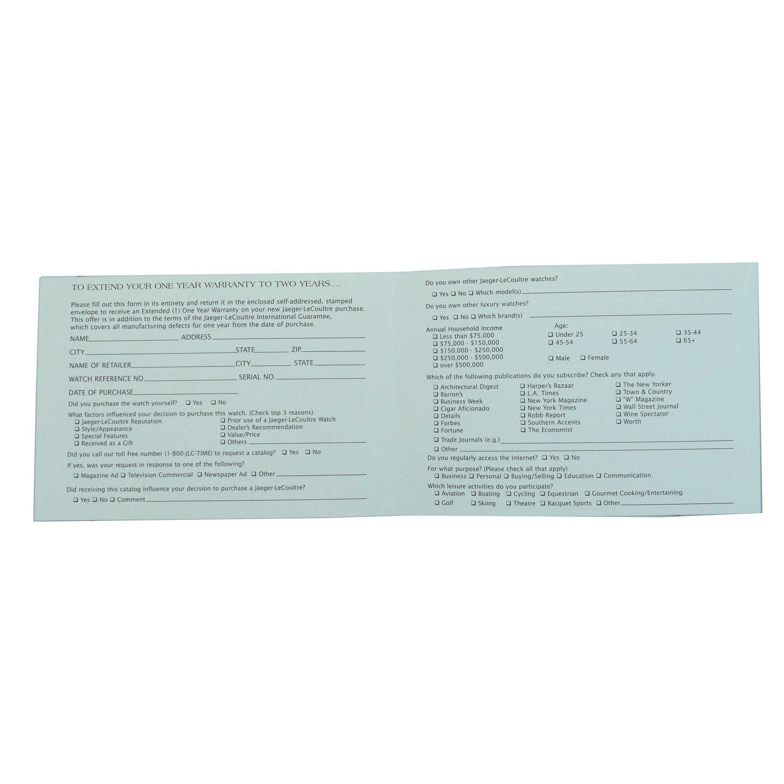 JAEGER-LECOULTRE ONE TO TWO YEARS WARRANTY EXTENSION CARD