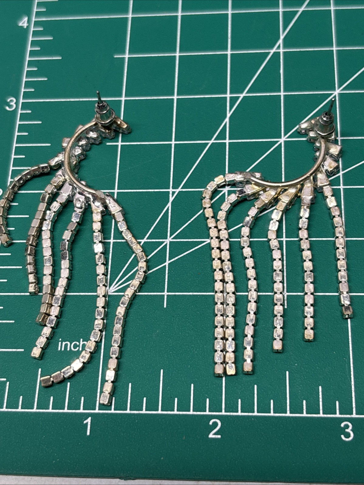 Unsigned Silver Tone Tassel Dangling Crystal Prong Set Earrings About 2.50” Long