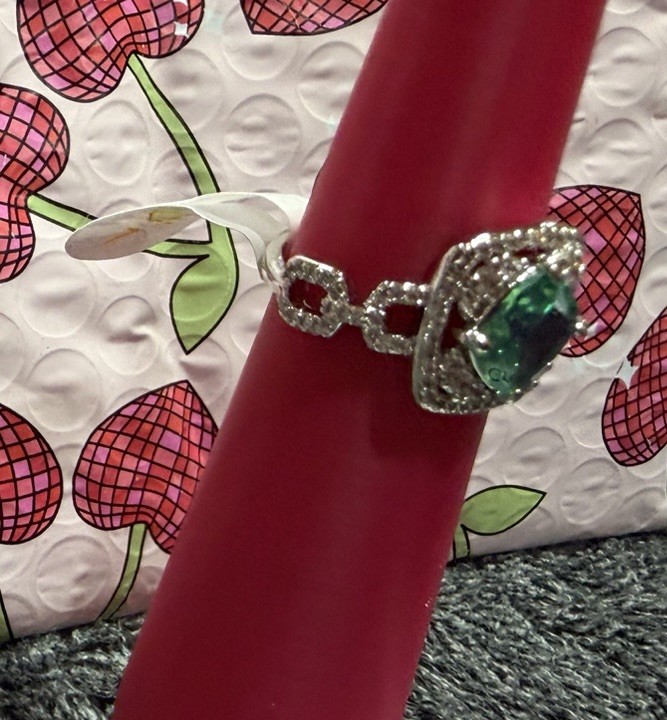 Bomb Party “Pretty Little Power Move” Lab Green Opal Rhodium Sz 7 RG67733