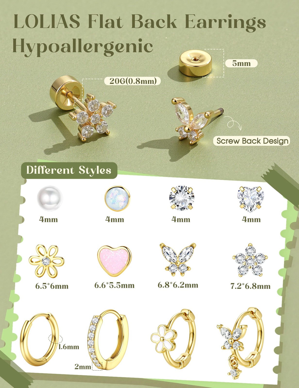20G (0.8mm diameter, 6mm post length), 14K Gold Plated + Butterfly Hoops