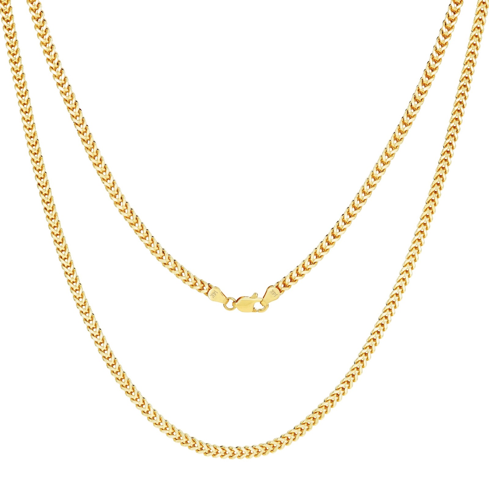 14K Yellow Gold 2.1mm Franco Box Wheat Spiga Chain Pendant Necklace 14″-24″