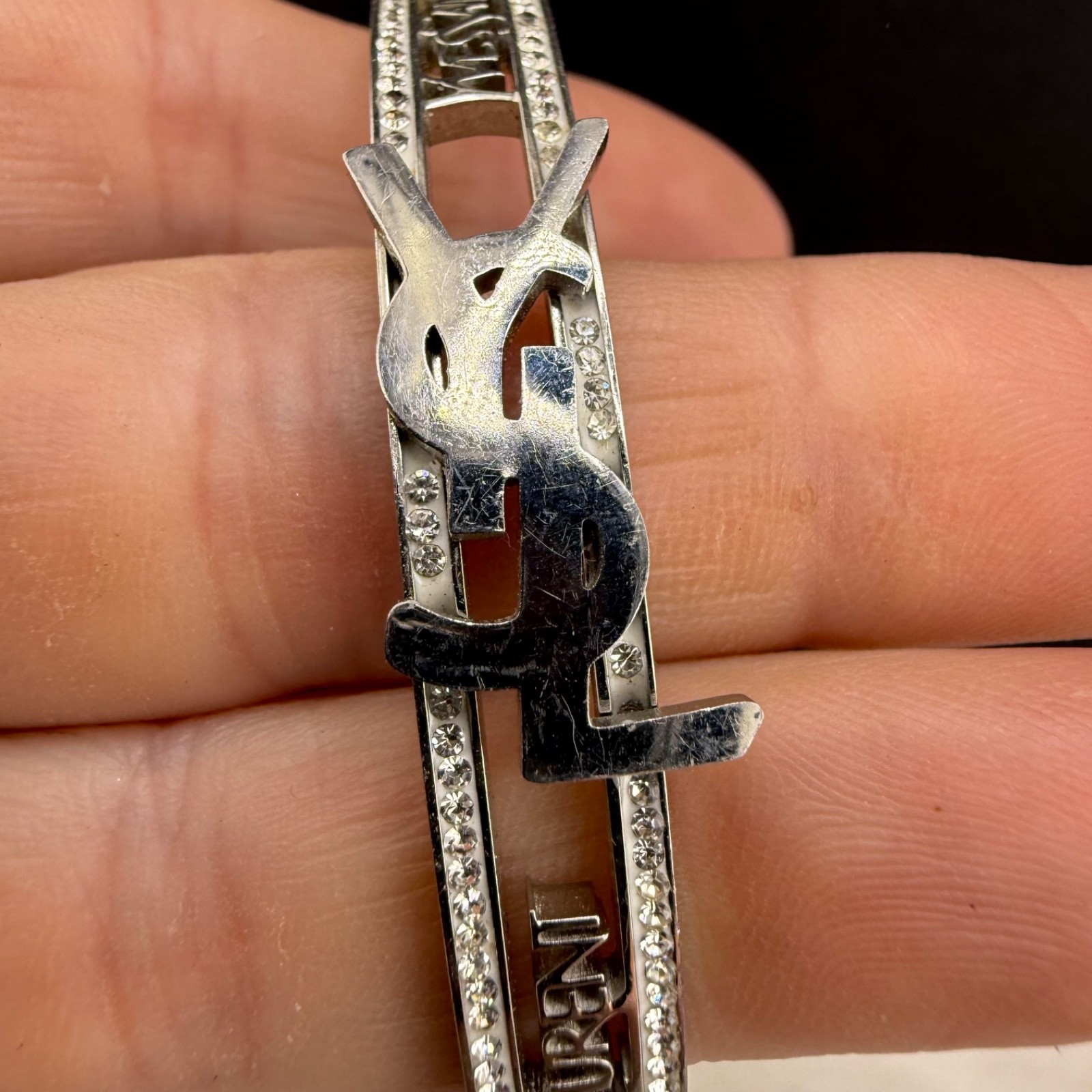 Vintage YSL Yves Saint Laurent Bangle Bracelet Silver Tone Rhinestone 6.5”