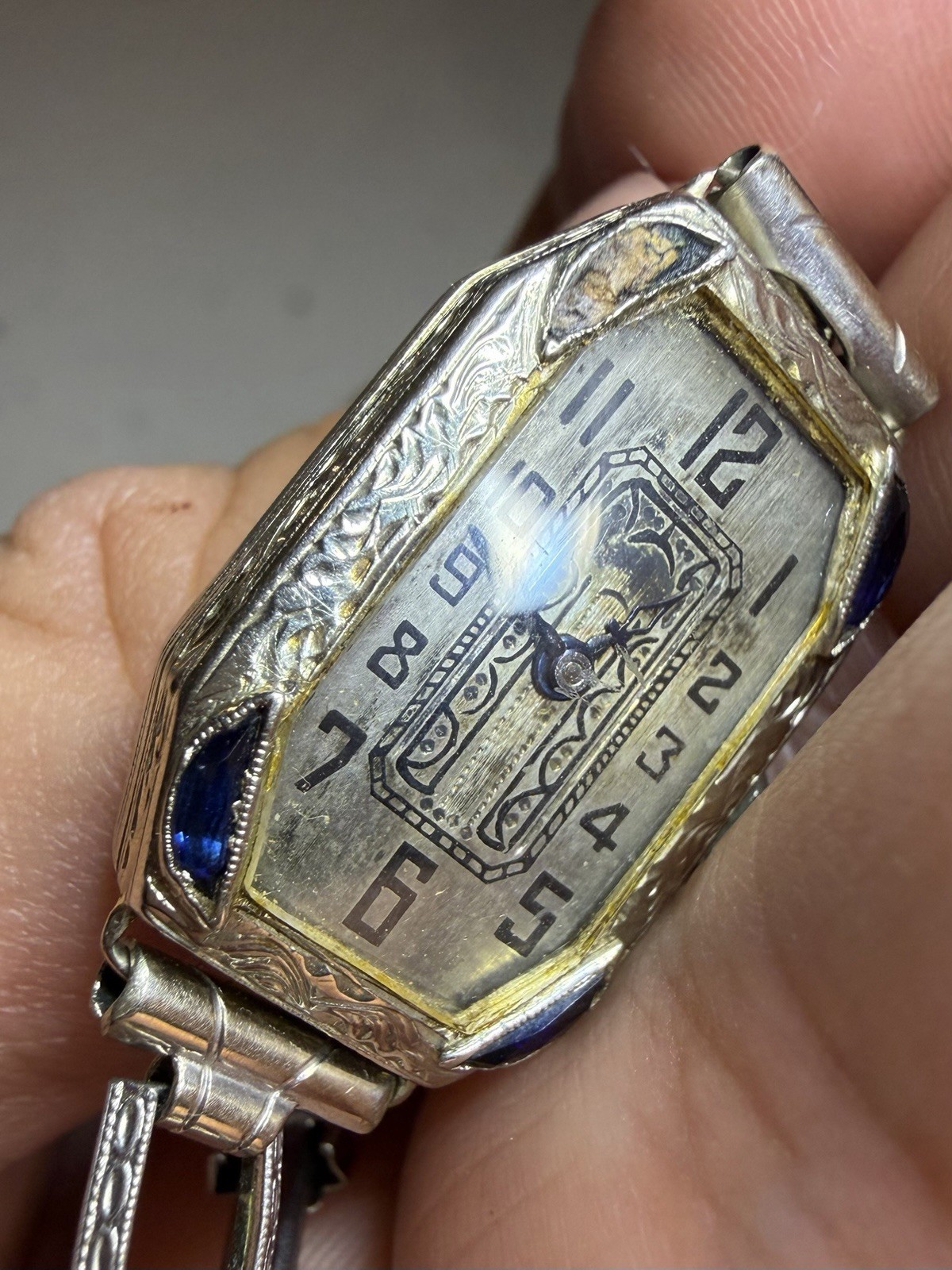 1920’s LADY IOCO 14K WHITE GOLD & SAPPHIRE WATCH W/ ORIGINAL 1/20 GF BAND -RARE!