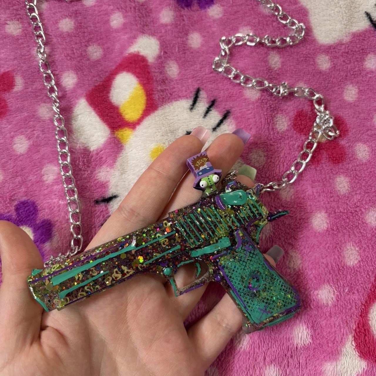 Handmade glitter gun charm pendant necklace green purple with little gir charm
