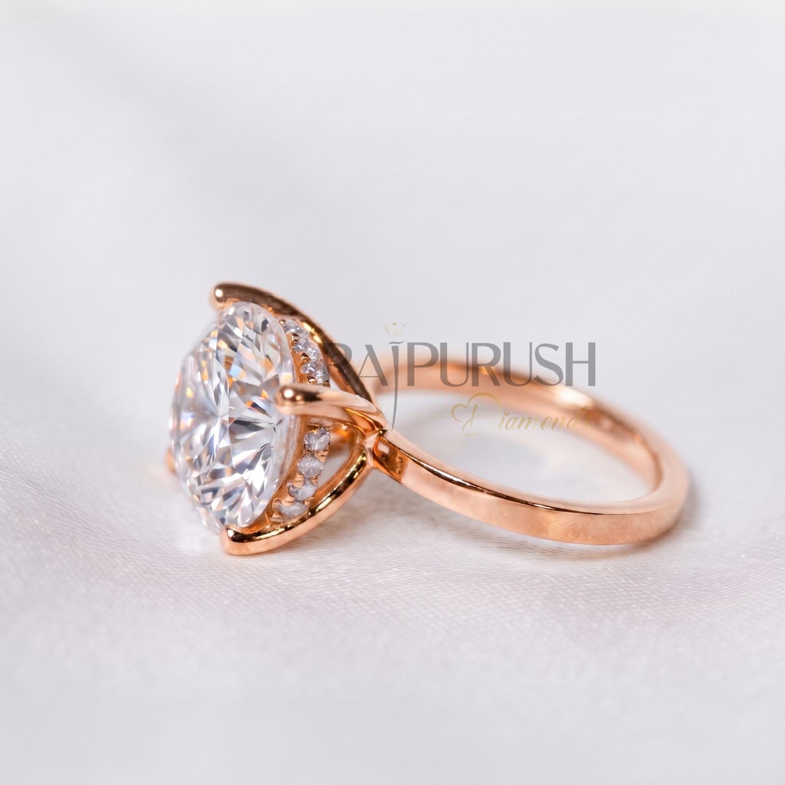 Round Cut Moissanite Hidden Halo Engagement Ring 925 Sterling Silver Bridal Band