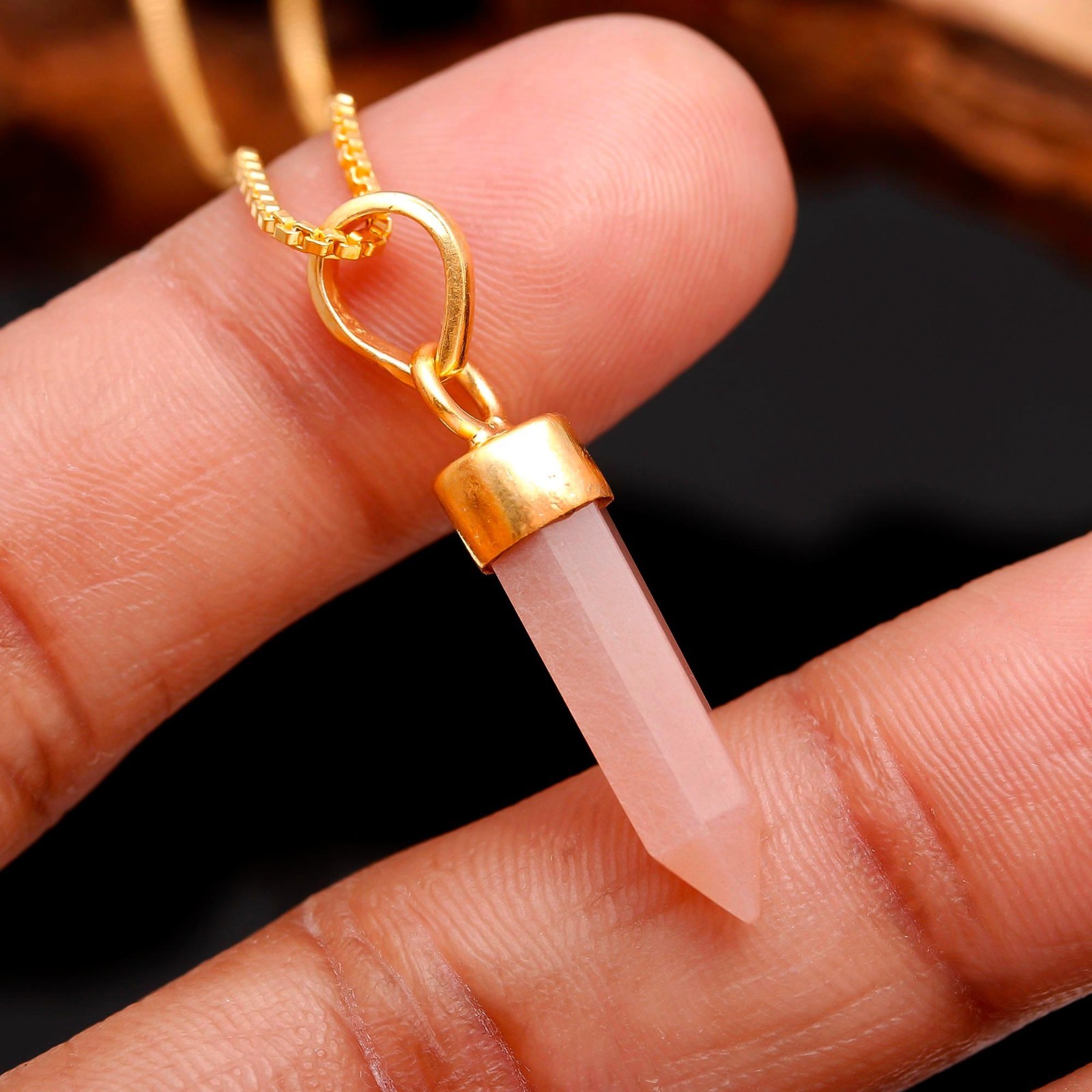 100% Natural Peach Moonstone Tower Chain Necklace Gold Fill Solid Silver Jewelry