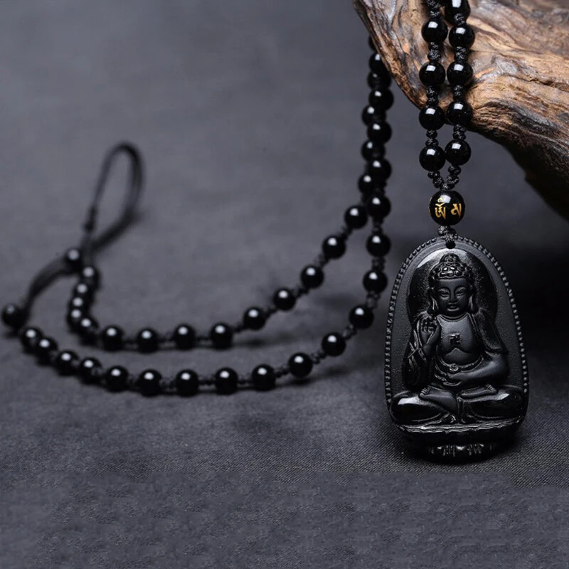 1PC Pendant Necklace Black Obsidian Carved Buddha Statue Luck Talisman Gift