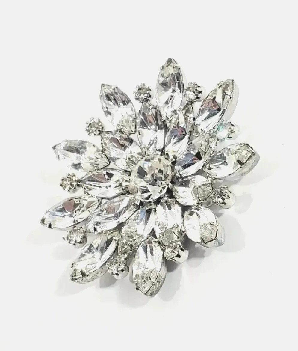 Stunning VTG Mid-Century Flower Crystal Rhinestone BROOCH PIN Rhodium-plated