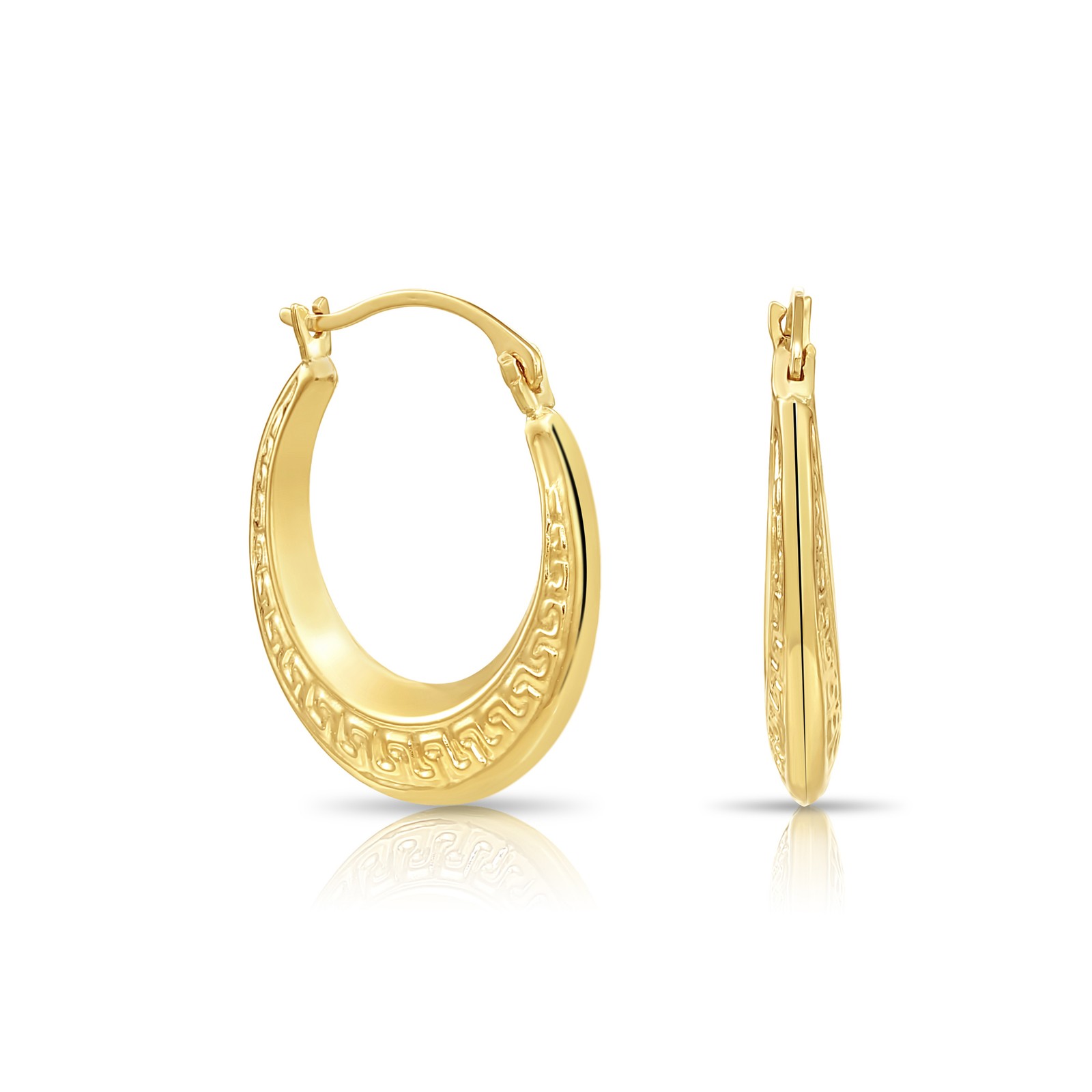 14K Real Solid Yellow Gold Greek Key Curved Round Creole Hoop Earrings 16MM 18MM