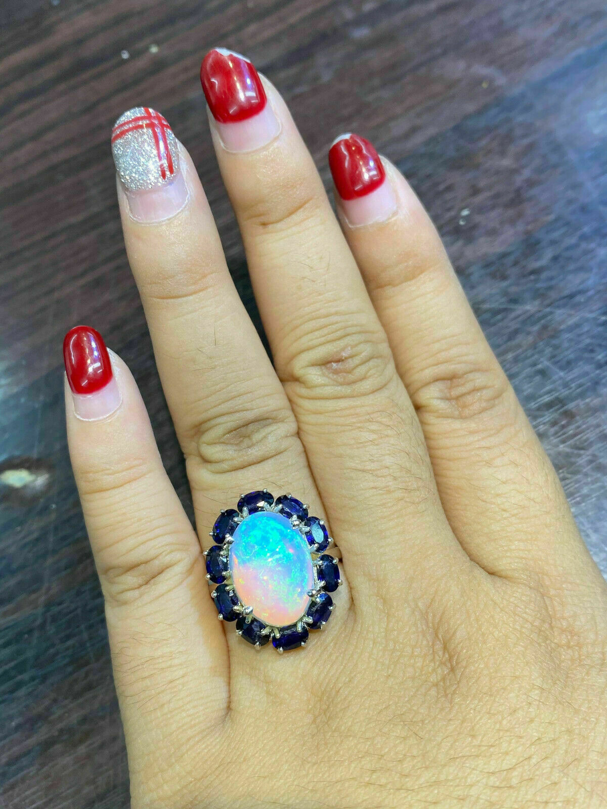 Natural Fire Opal 6Ct Oval Cut Halo Engagement Ring 14K White Gold Plated Silver