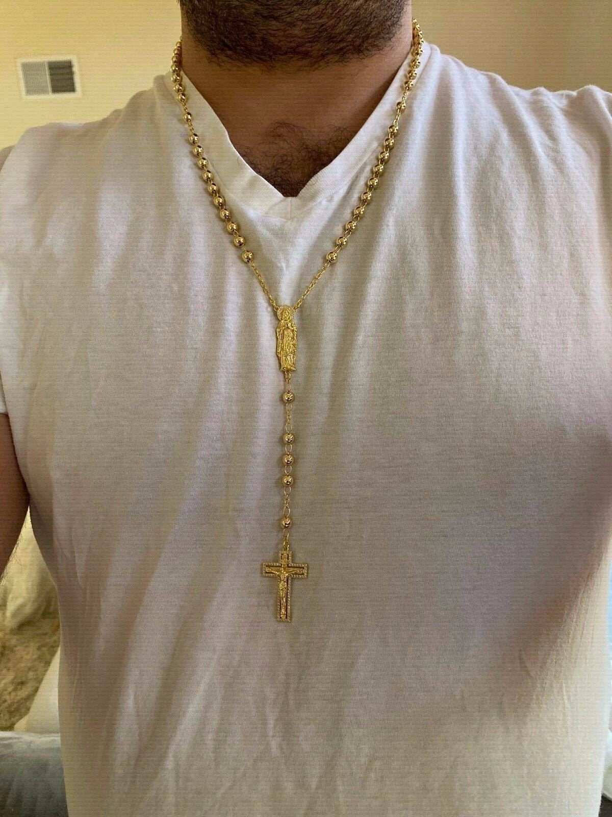 MOISSANITE Rosary Beads Necklace 14k Gold Plated 925 Silver Rosario Jesus 30″