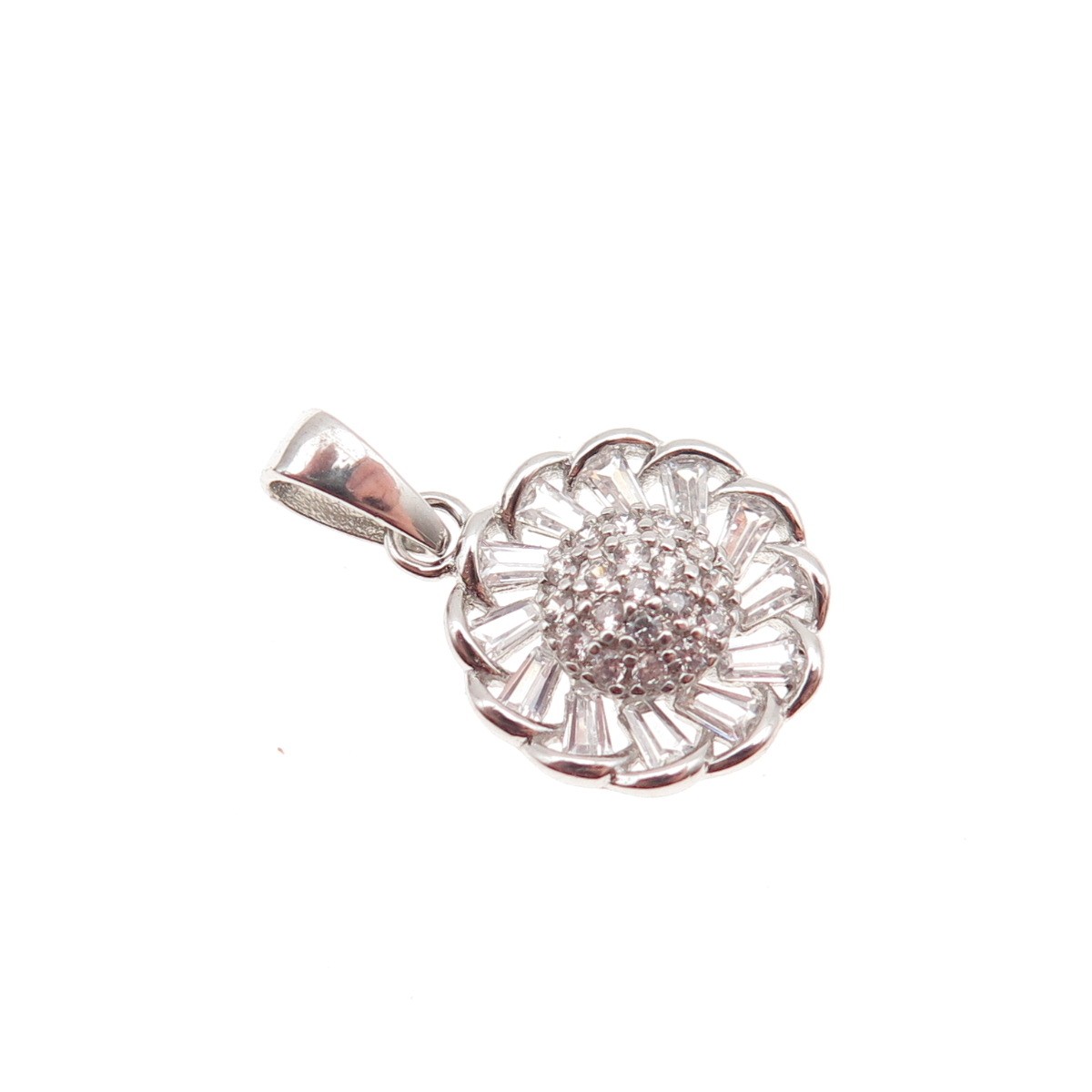 925 Sterling Silver Round & Tapered Baguette-Cut C Z Flower Mini Charm Pendant