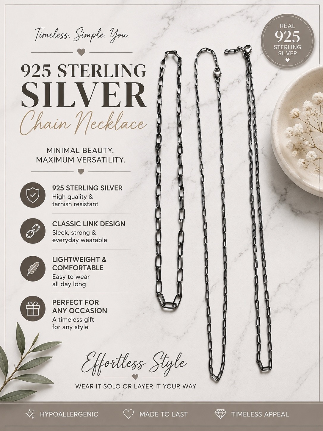 925 Sterling Silver Chain Necklace Set with Classic Link Design