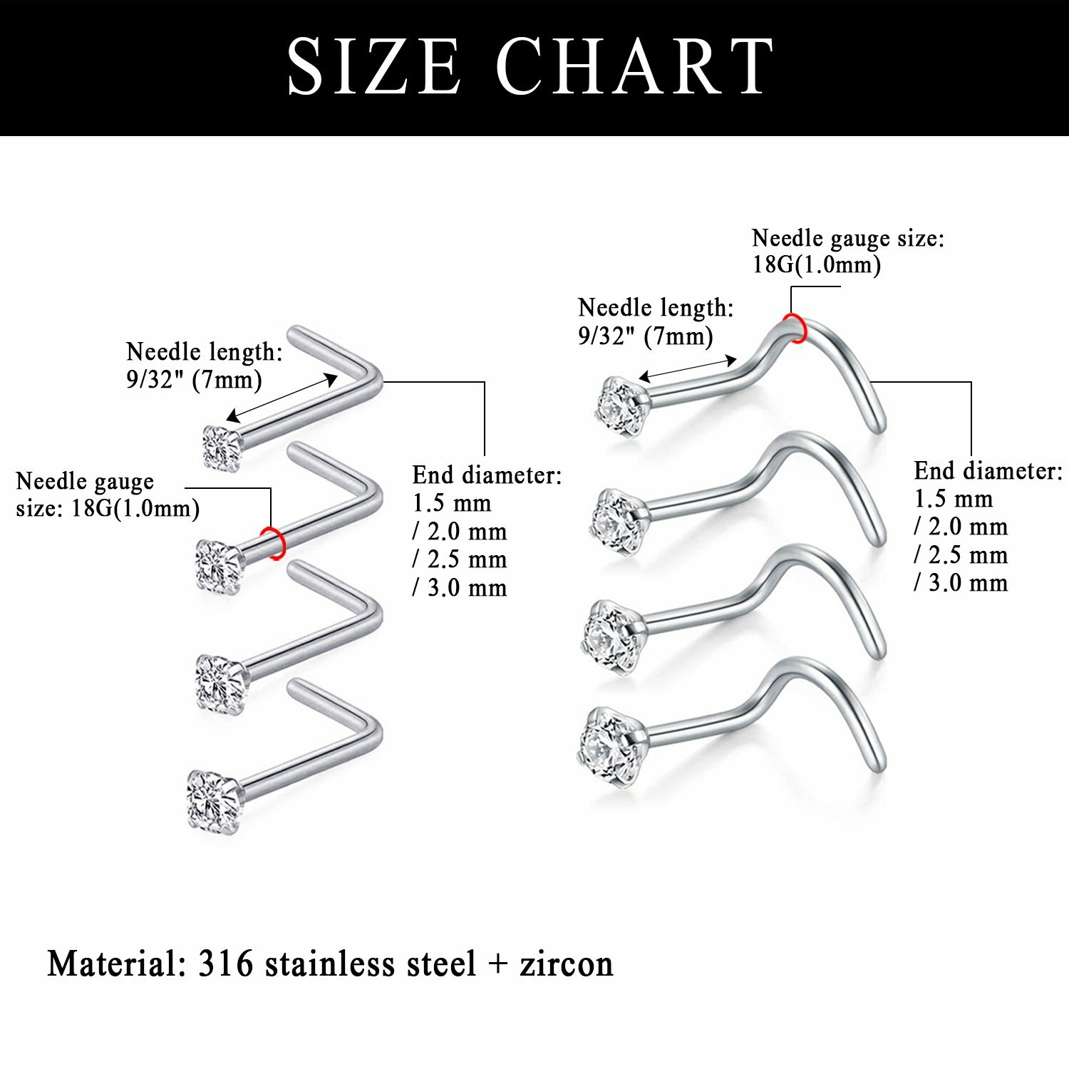 28Pcs 18G Surgical Steel CZ Nose Hoop Ring L Shape Bone Septum Piercing Jewelry