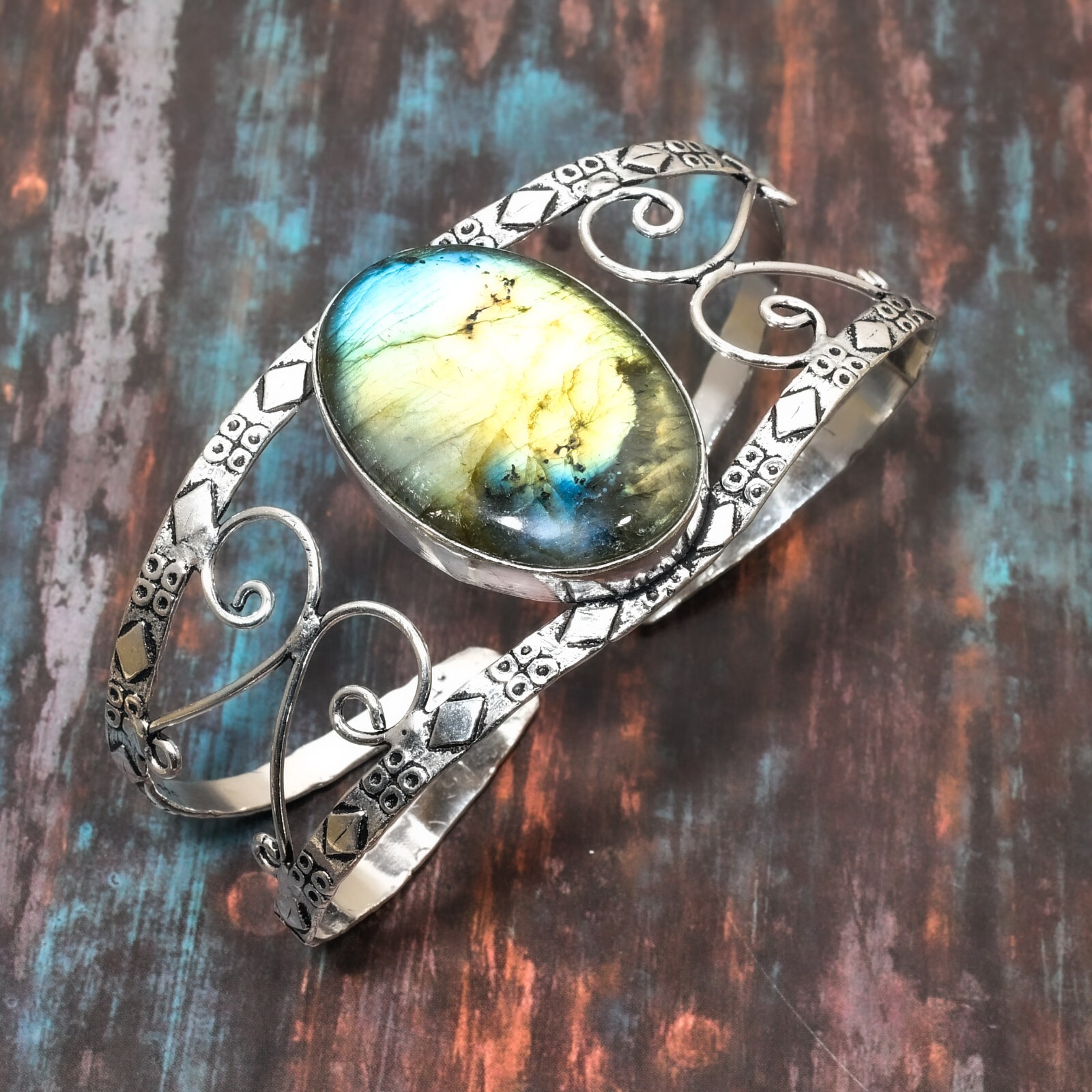 Labradorite Gemstone Handmade 925 Sterling Silver Cuff Bangle Adjustable Jewelry