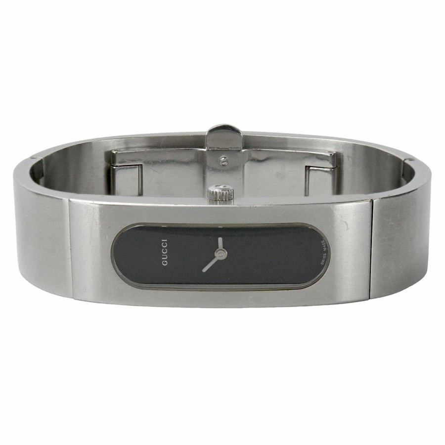 GUCCI 2400S Bangle Watch Quartz Silver Stainless Steel Black Dial Very Good