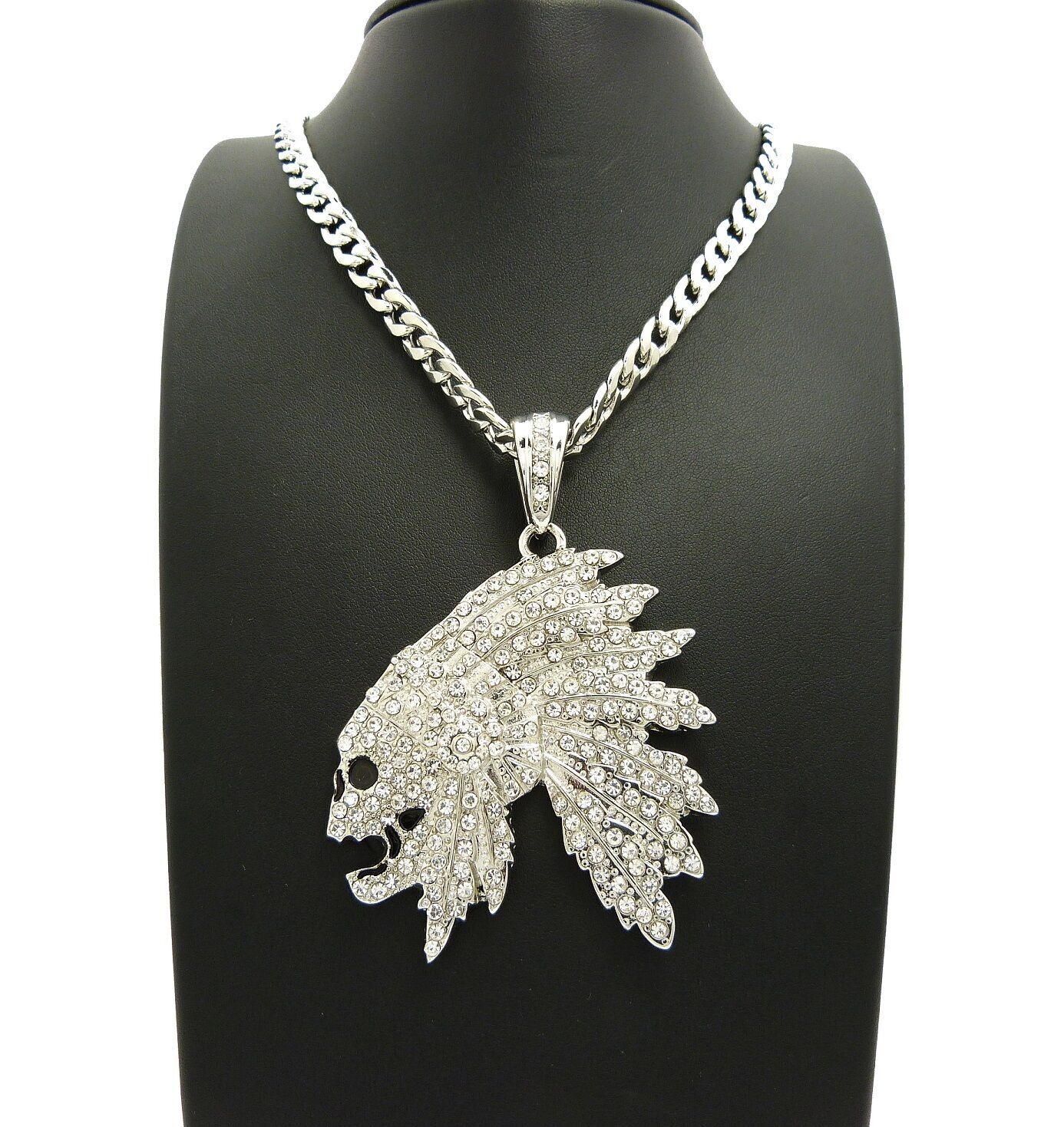SILVER PLATED ALLOY CUBIC ZIRCONIA SKULL CHIEF & CUBAN CHAIN HIP HOP NECKLACE