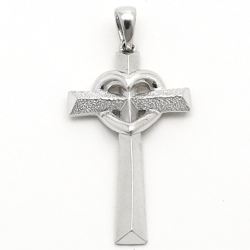 Solid Platinum Open Heart Wrapped Cross Charm Pendant Satin Brushed New