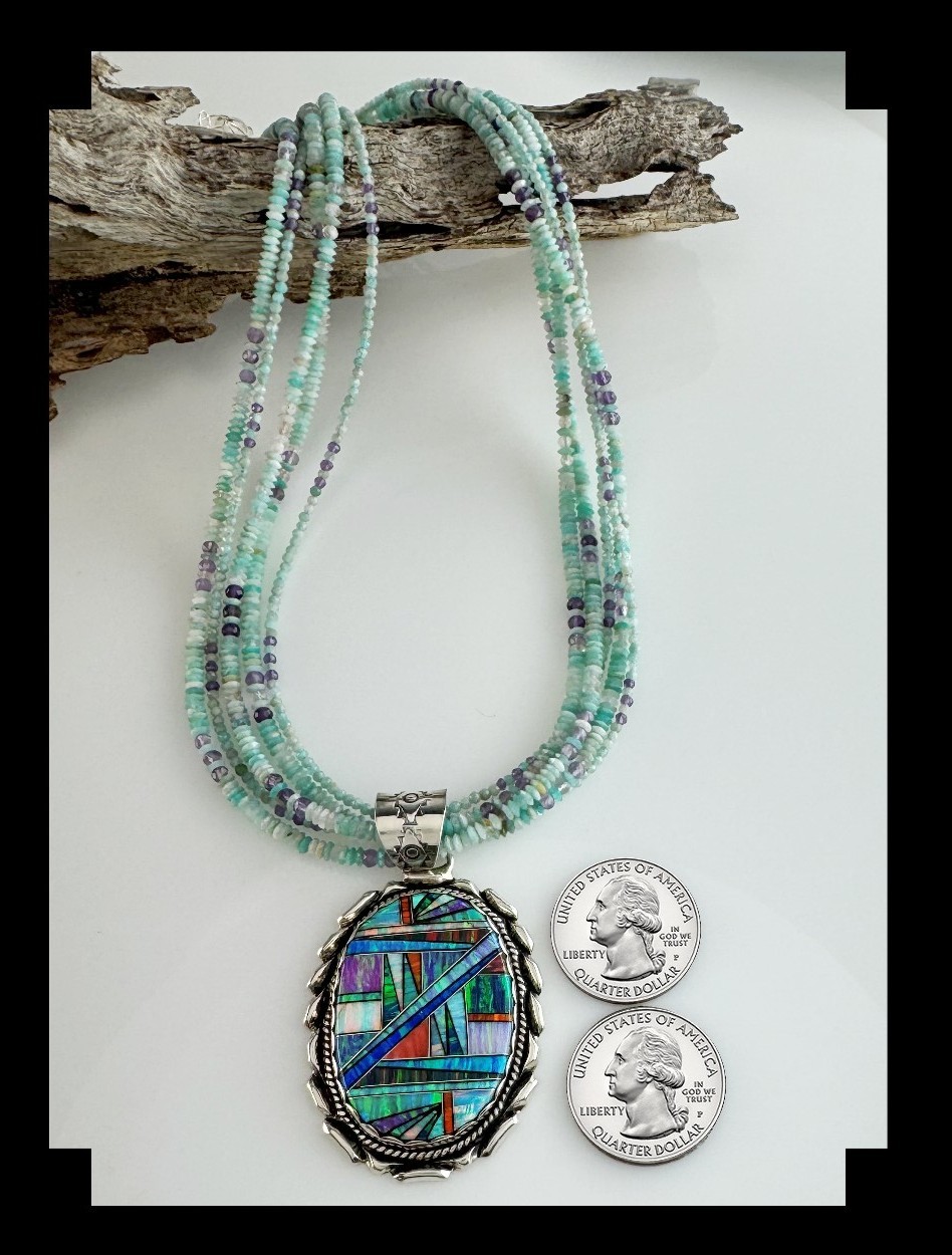 White Fox Creation: Dazzling Opalite Inlay Pendant on Gemstone Necklace