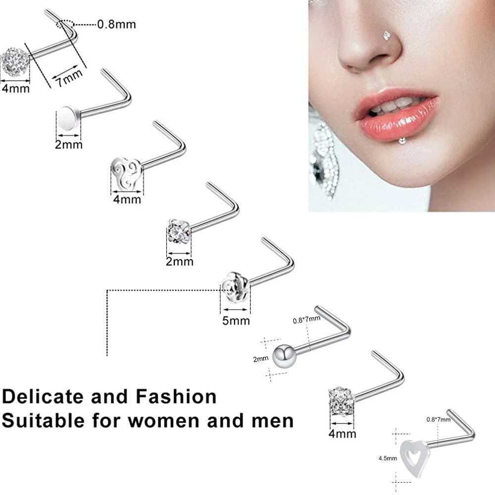16pcs/lot CZ Surgical Steel Nose Rings L Shaped Stud Body Piercing Jewelry 20G
