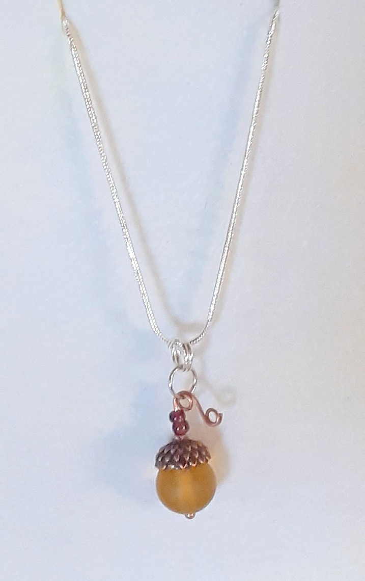 Handcrafted Acorn Pendant Charm Necklace Frosted Czech Glass 22″ SP Snake Chain