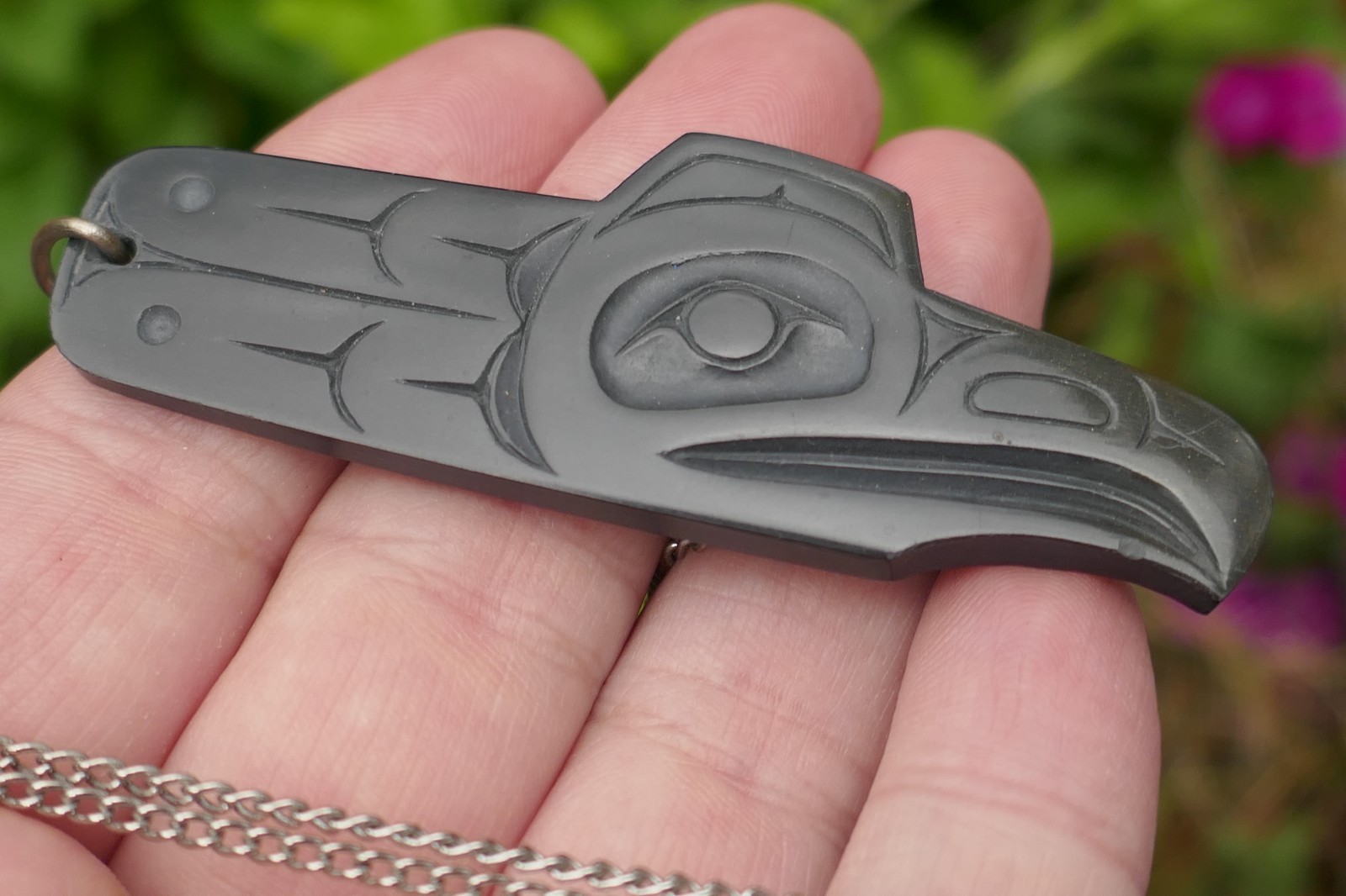 Vintage Haida Native Pat Dixon Hand Carved Argillite Raven Pendant on Chain