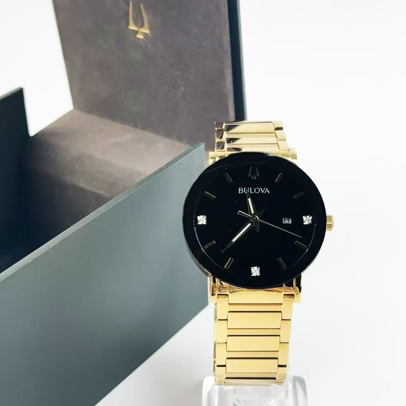 Bulova Futuro Modern 97D116 Black Diamond Dial Gold Band Quartz Men’s Watch 42MM