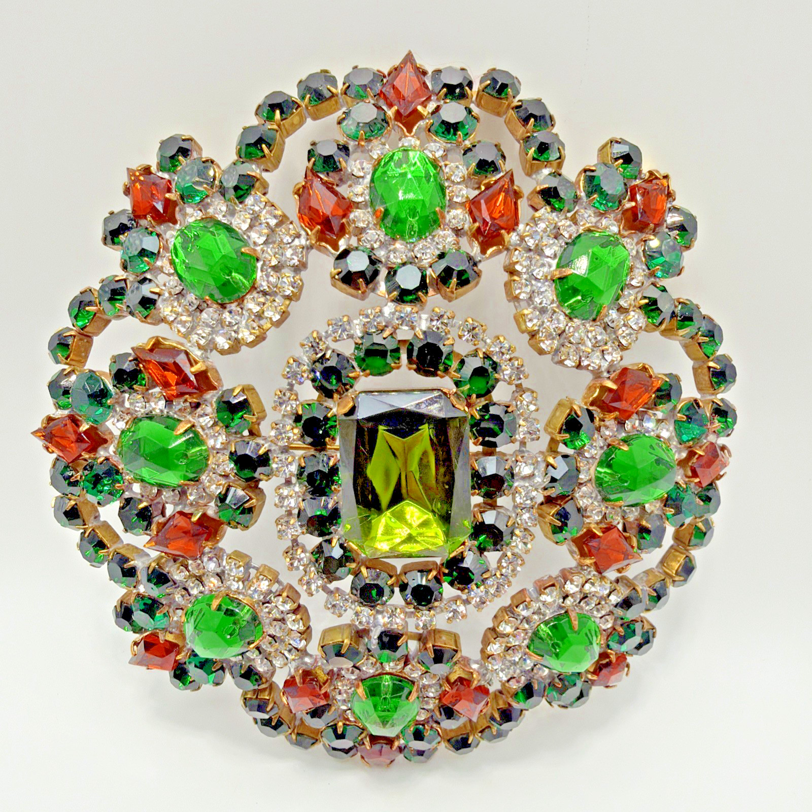 Vintage Bijoux Statement Crystal Rhinestone Brooch Green Orange Tones