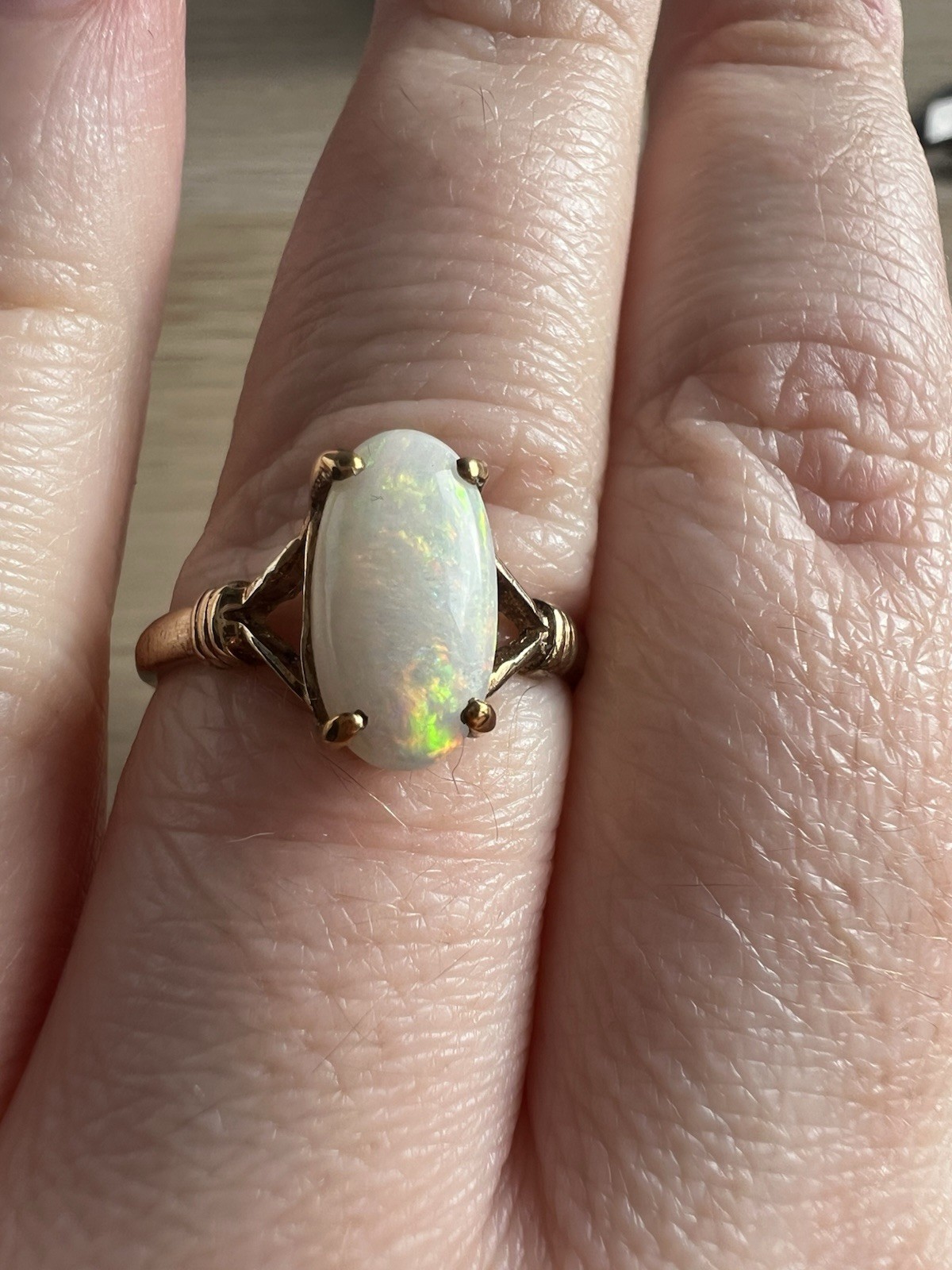 Vintage 9 Carat Solid Opal Ring with Beautiful Fire, Size Q 1/2
