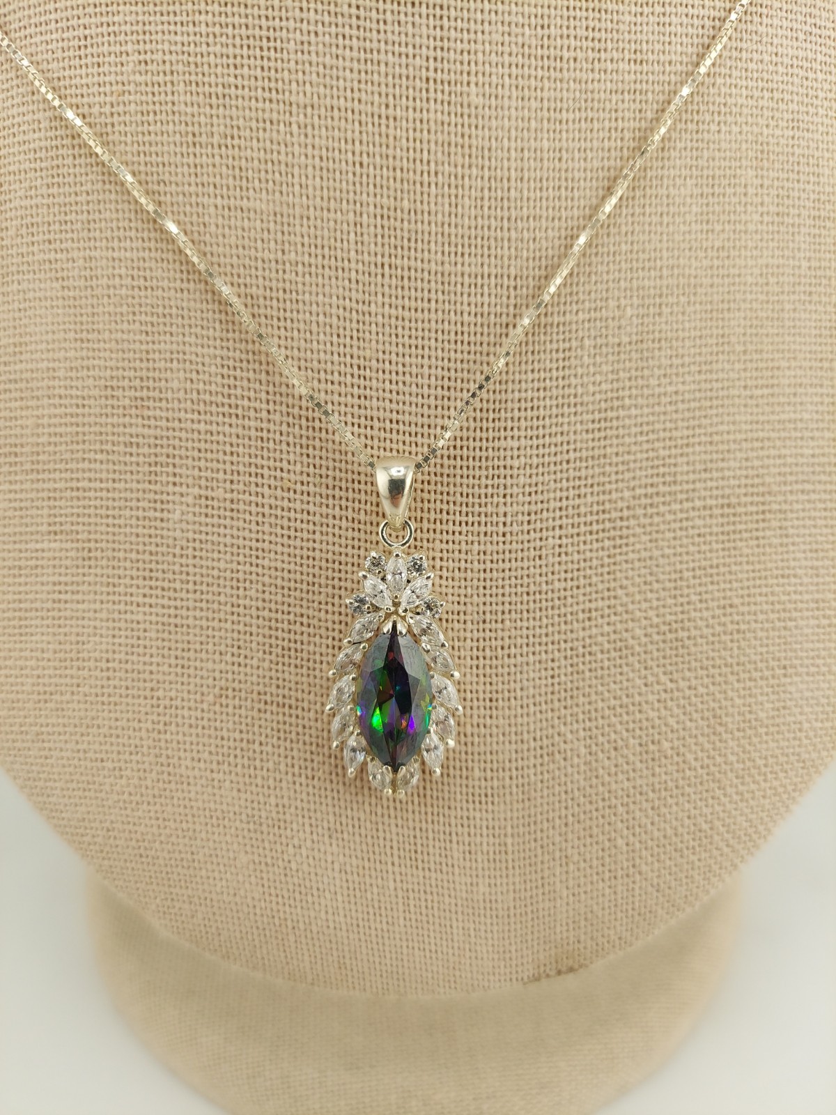 Vintage Signed 3 Ct Marquis Cut Mystic Topaz and White Stone Sterling Necklace