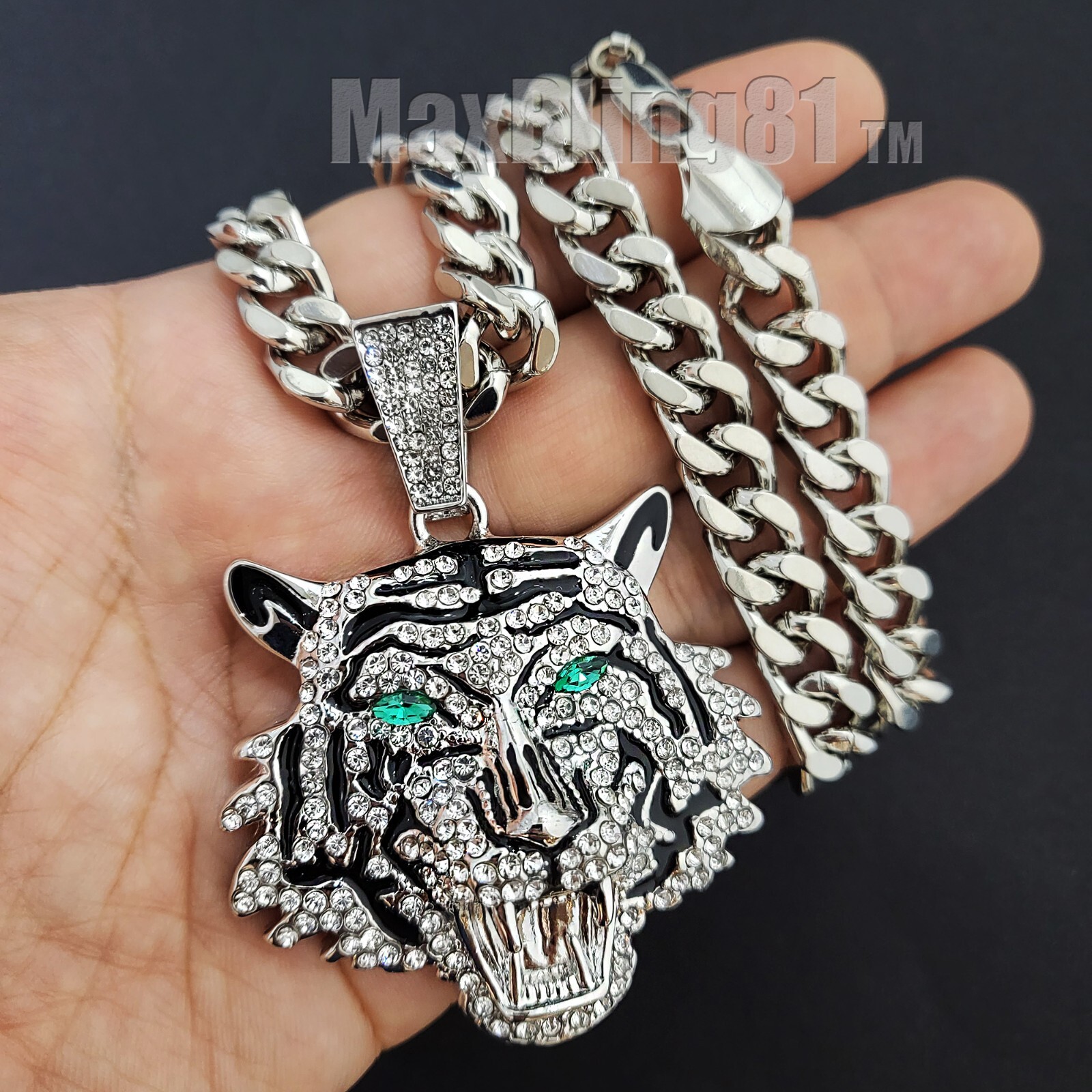 Silver Plated Alloy Cubic Zirconia Large Tiger Pendant & Cuban Chain Necklace