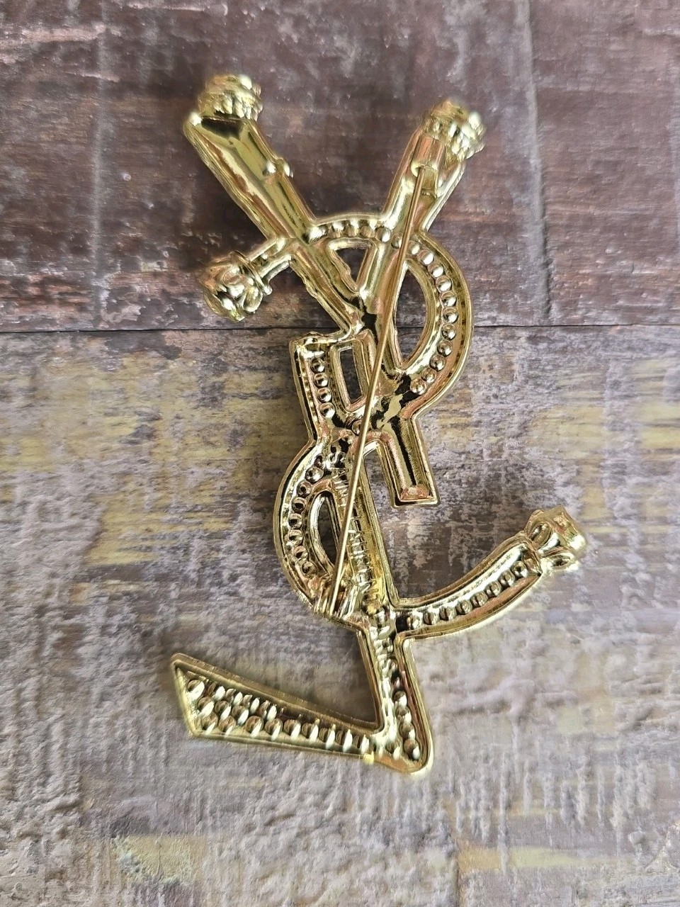 YSL Yes Saint Laurent Paris Brooch Pin Multi Color Gold Tone & Rhinestones