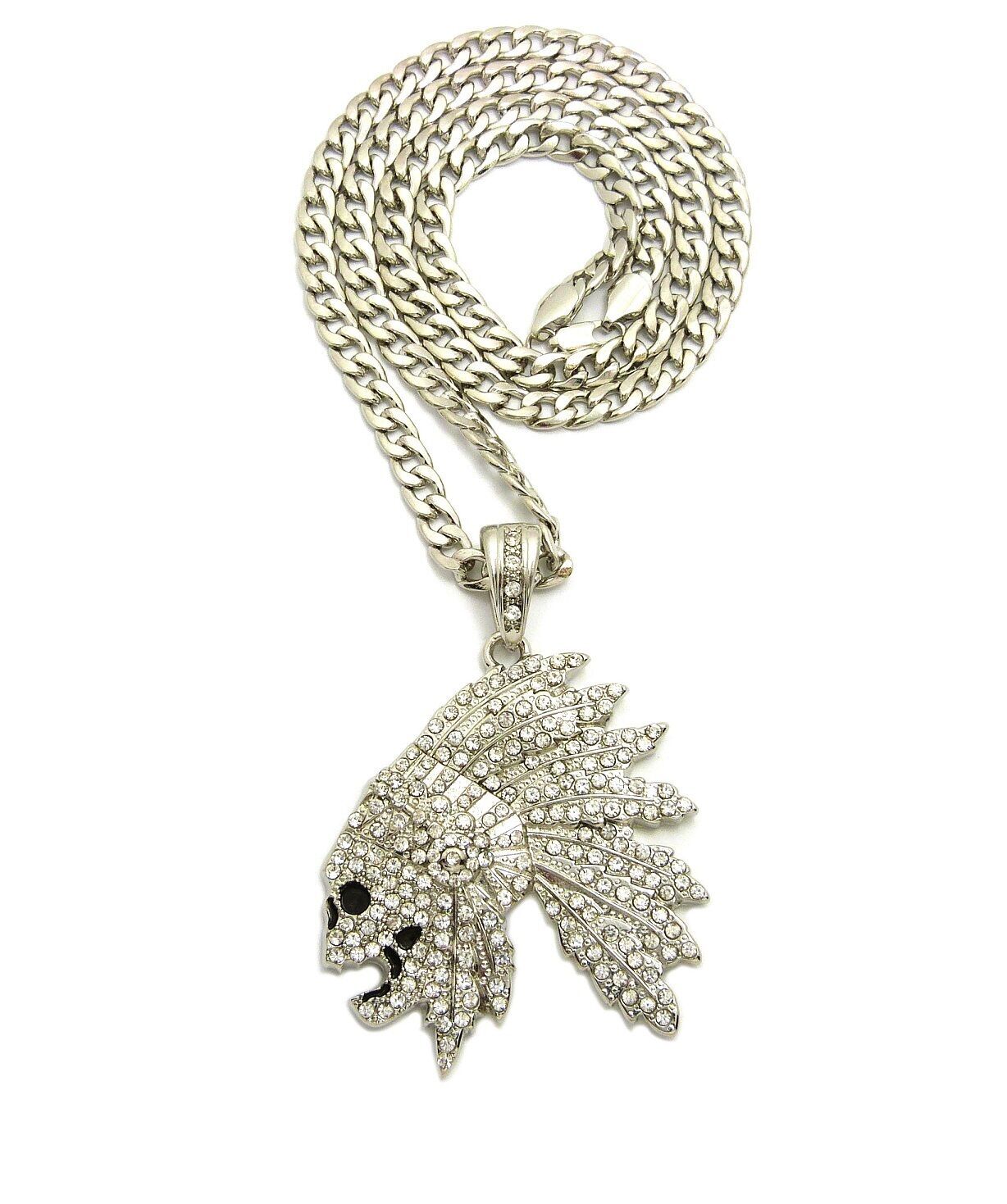 SILVER PLATED ALLOY CUBIC ZIRCONIA SKULL CHIEF & CUBAN CHAIN HIP HOP NECKLACE
