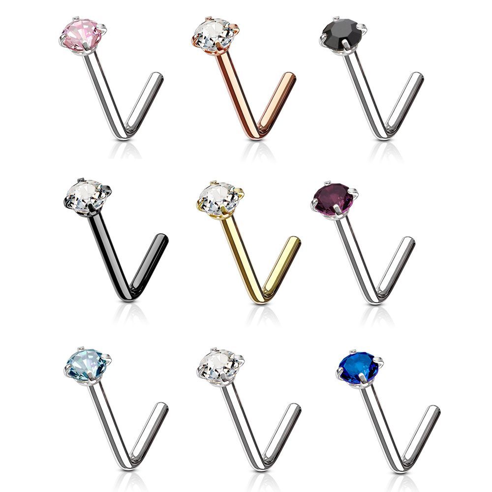 20G 18G Nose Rings Stud L Shape Surgical Steel 6mm Screw Piercing 3mm Set CZ Gem