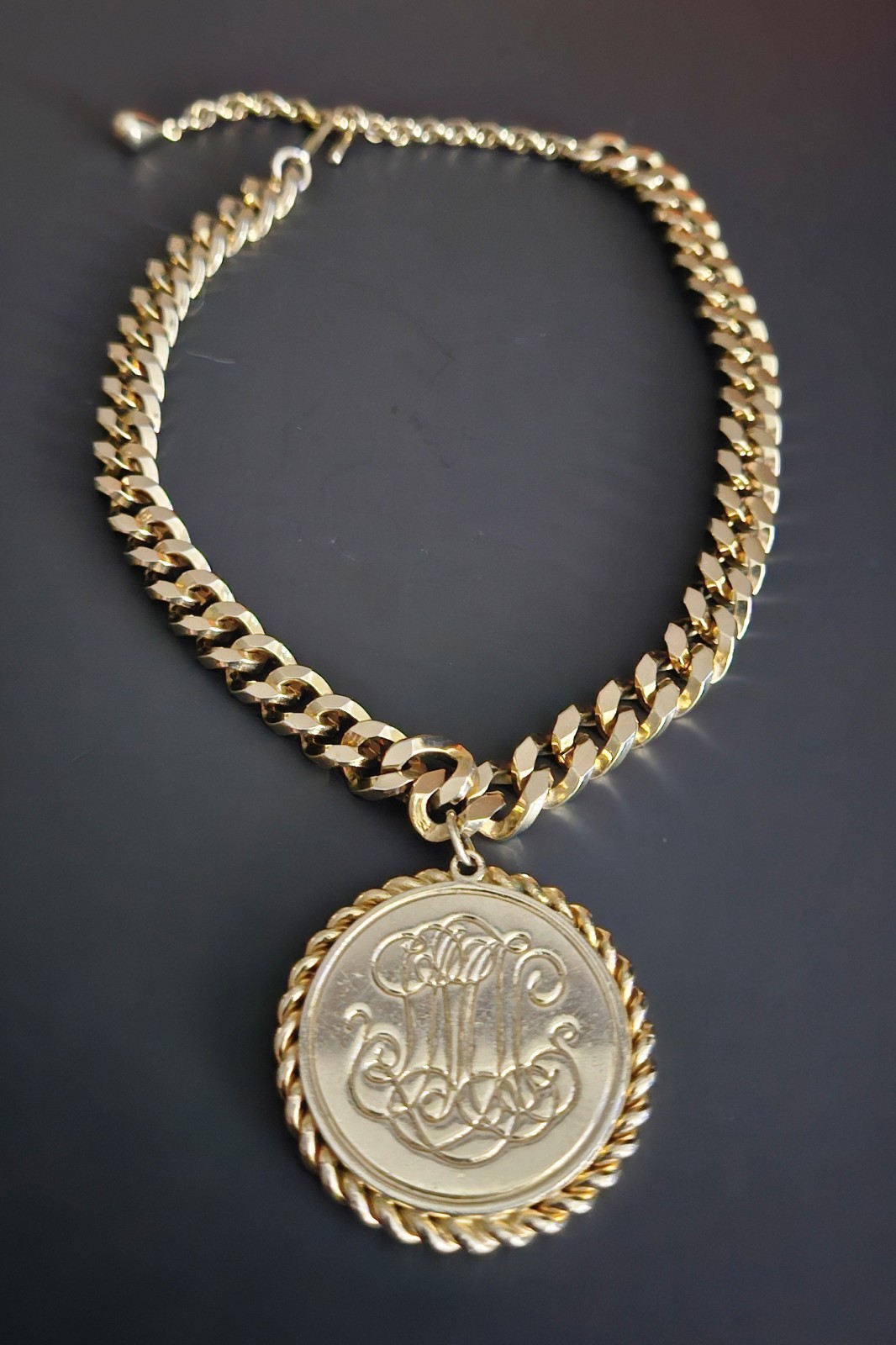 Gold Tone Monogram Medallion Pendant On Chunky Cuban Link Chain Vintage