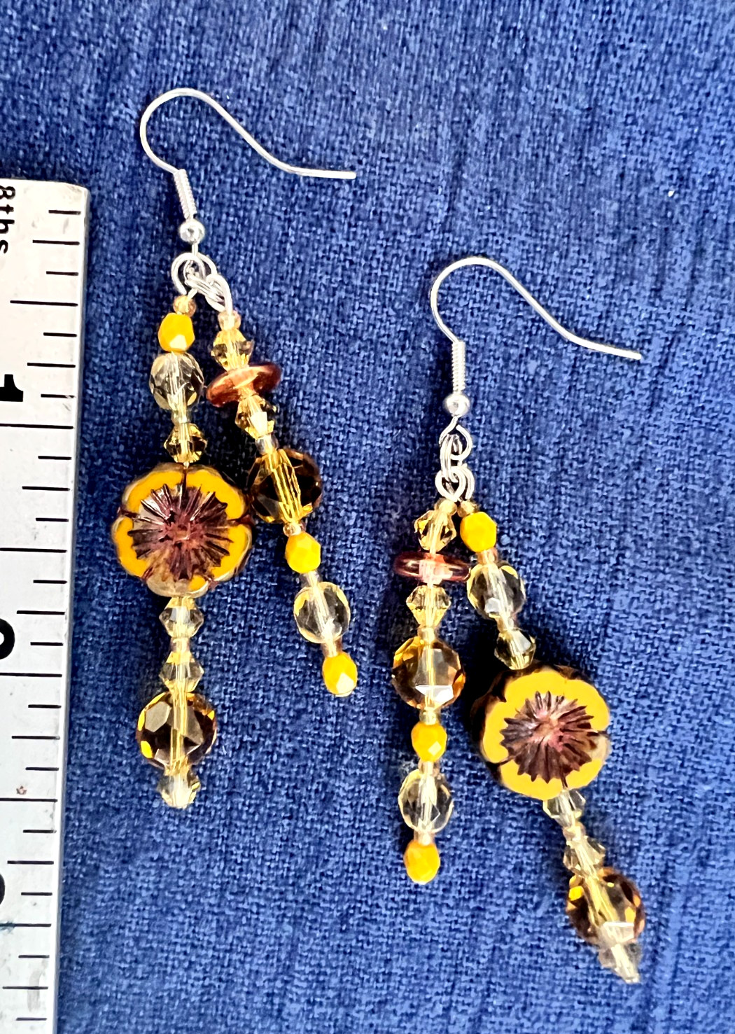 Beaded Necklace 17 Inches Czech Glass Hibiscus Flowers Dark Mustard